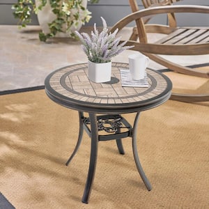 Patio Bronze Aluminum Outdoor Dining Round Tile-Top Table without Umbrella Hole