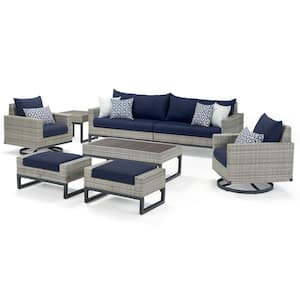 Milo Gray 8-Piece Motion Wicker Patio Seating Set With Navy Blue Cushions