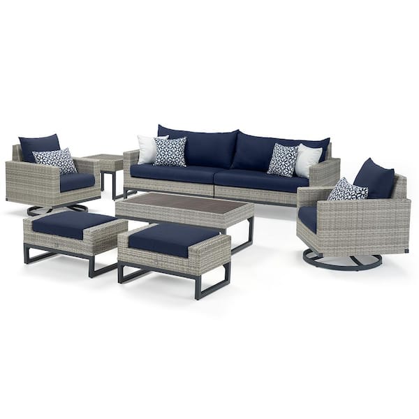 Milo Gray 8-Piece Motion Wicker Patio Seating Set With Navy Blue Cushions