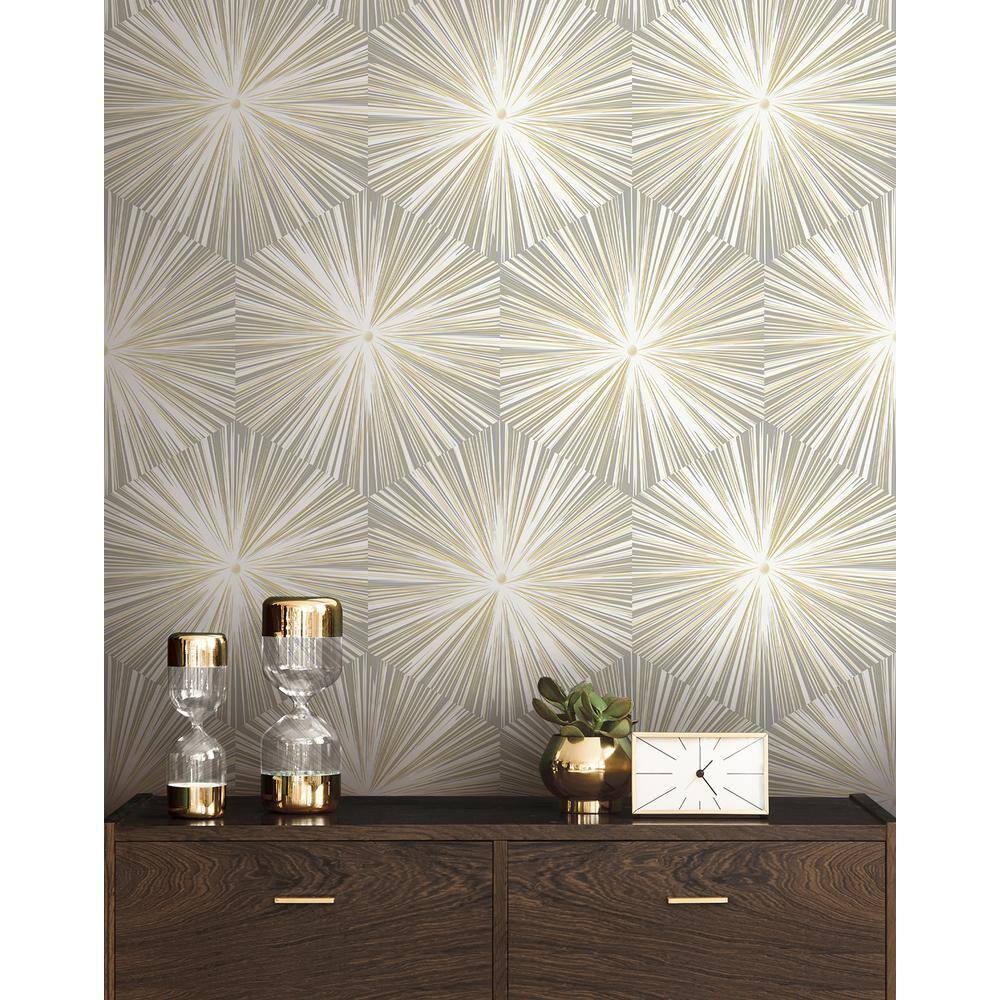 Grey and Metallic Gold Hex Starburst Peel and Stick Wallpaper