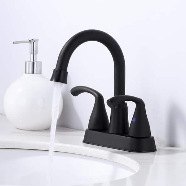 4 in. Centerset Double Handle High Arc 360° Swivel Bathroom Faucet with Pop Up Drain and Supply Lines in Matte Black