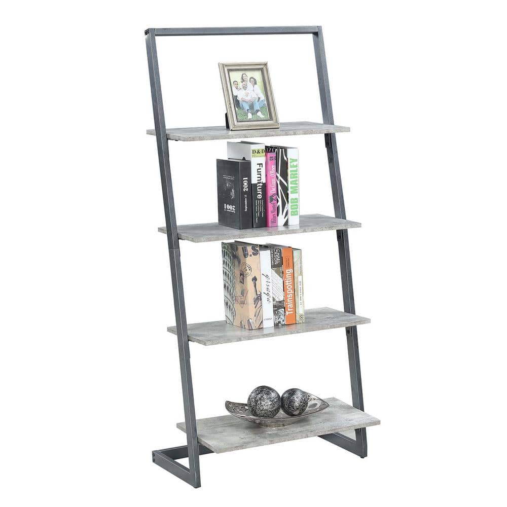 Urban Industrial Gray 4-Tier Ladder Bookcase with Metal Frame
