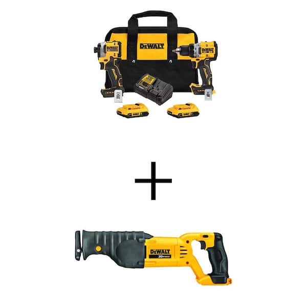 DEWALT 20V MAX XR Cordless Drill/Driver, ATOMIC Impact Driver 2 Tool Combo Kit and Recip Saw with (2) 2Ah Batteries and Charger