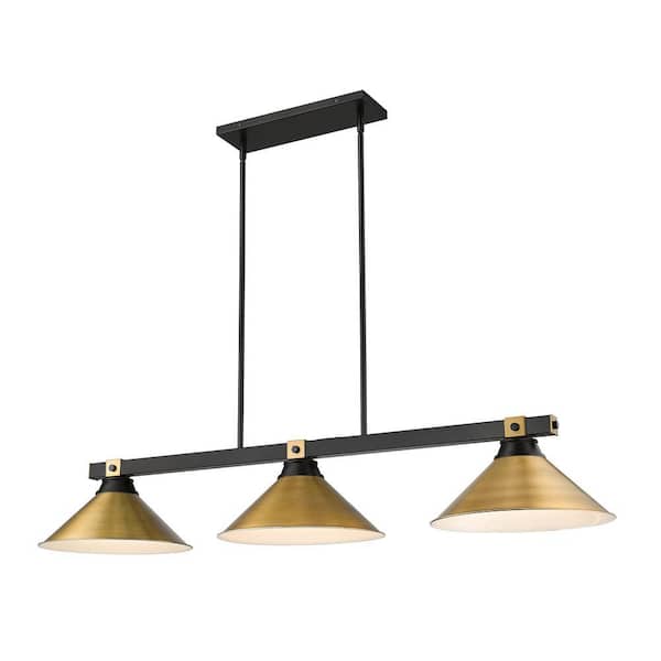 Bronte 54 in. Matte Black Plus Rubbed Brass 3-Light Billiard Light with Rubbed Brass Metal Shades