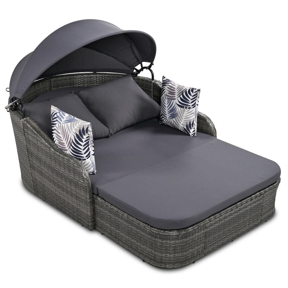 1-Piece Gray Wicker Outdoor Day Bed with Adjustable Canopy Double Lounge wi