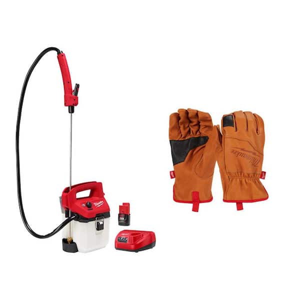 Milwaukee M12 12-Volt 1 Gal. Lithium-Ion Cordless Handheld Sprayer Kit with 2.0 Ah Battery, Charger, Large Leather Gloves