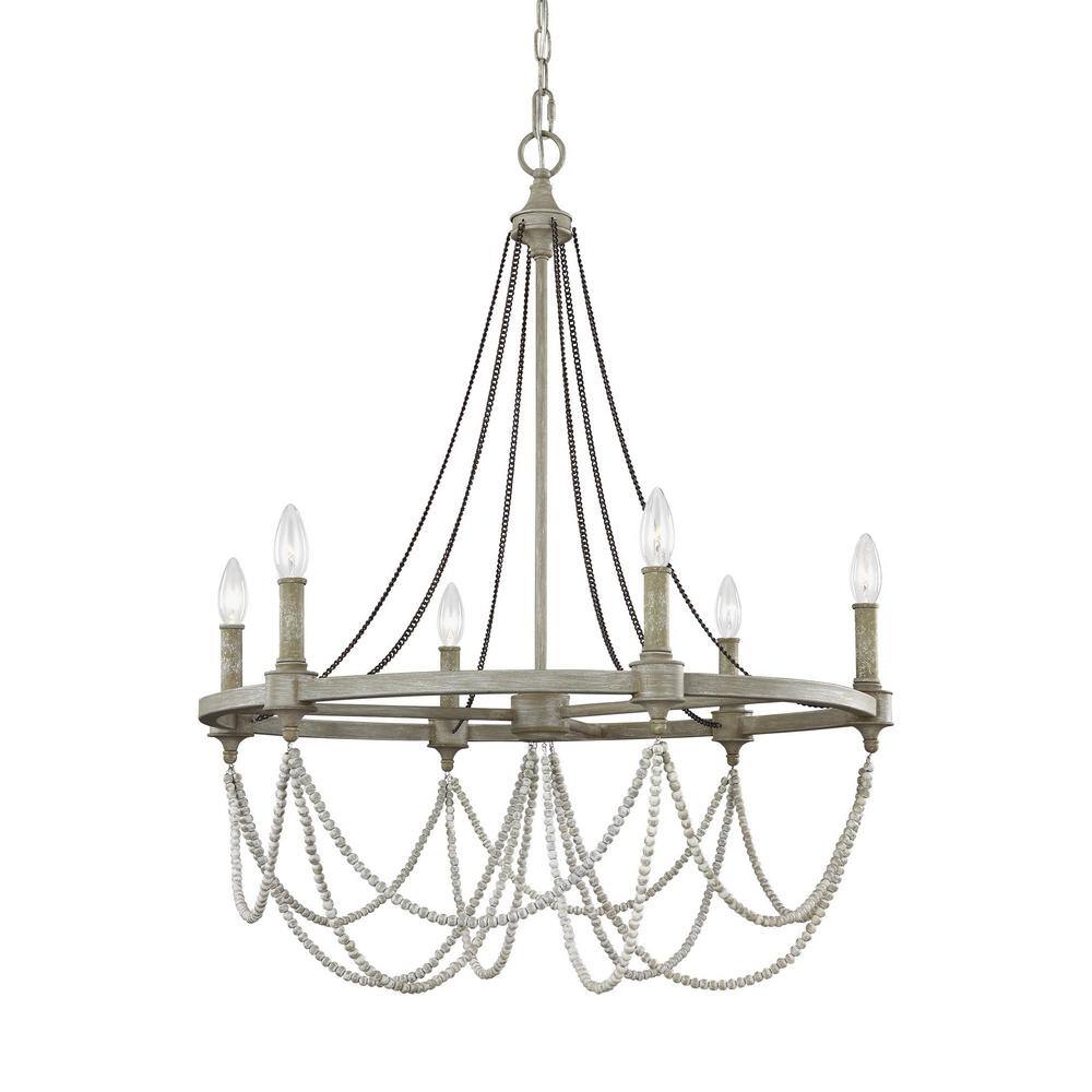 Beverly 28" French Washed Oak & Distressed White 6-Light Chandelier