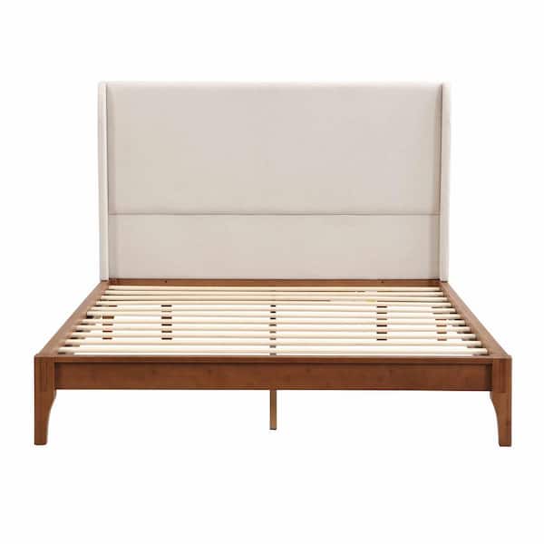 Brown Bamboo Frame King Platform Bed with 48 in. Upholstered High Headboard