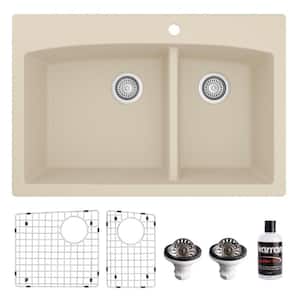 QT-711 Quartz/Granite 33 in. Double Bowl 60/40 Top Mount Drop-In Kitchen Sink in Bisque with Bottom Grid and Strainer