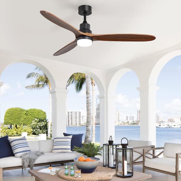 60 in. Indoor/Outdoor Standard Integrated LED Wood Black Ceiling Fan with Light and 6-Speed Remote, Downrod Mount