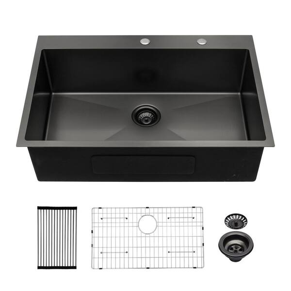 stufurhome - 30 in. Gunmetal Black Single Bowl Workstation 16-Gauge Stainless Steel Drop-In Kitchen Sink with Backspalash