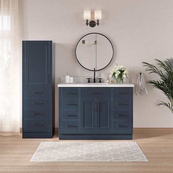 Hepburn 49 in. Single Sink Bath Vanity with Pure White Quartz Top and Linen Cabinet in Midnight Blue