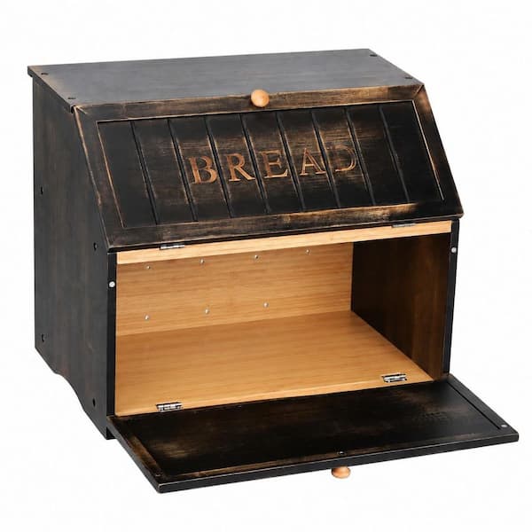 1 Piece Double Layer Bamboo Bread Box for Kitchen Counter Storage, Black, 2-Tier Large Capacity
