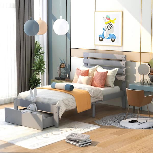 Qualler Lydia Gray Twin Size Platform Bed with Drawer