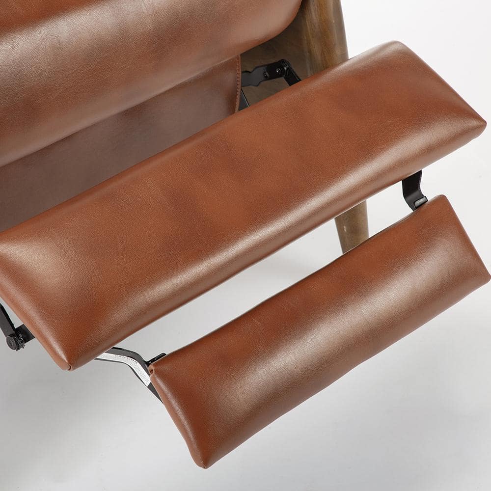 Caramel Mid-Century Modern Faux Leather Recliner with Wooden Arms