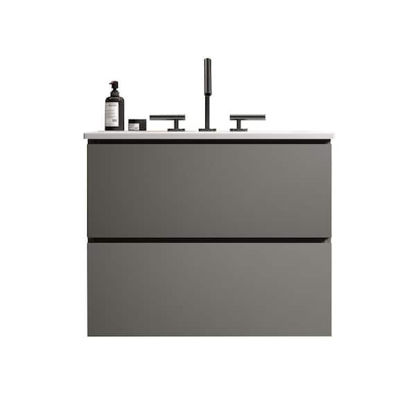 24 in. Single Sink Floating Gray Bath Vanity with White Ceramic Top (Assembled), 3 Predrilled Faucet Holes