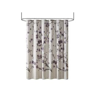 72 in. W x 72 in. L Cotton Shower Curtain with Cherry Blossom Print, Soft Grey & Modern Floral Design in Purple