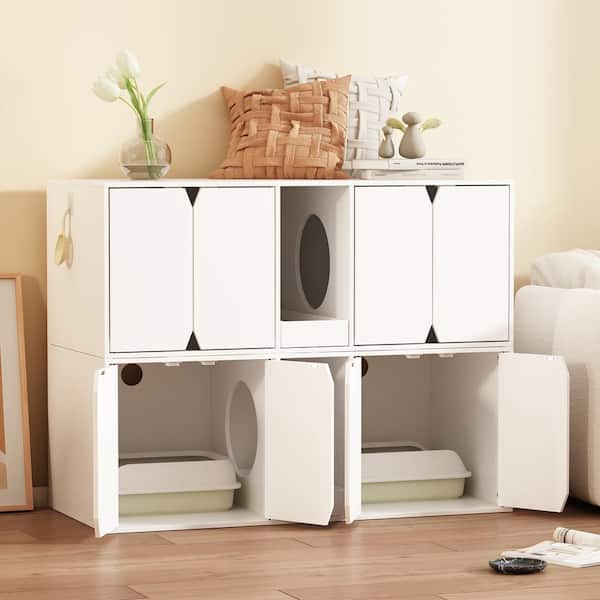FUFU&GAGA Cat Litter Box Enclosure Furniture for 2 Cats, Indoor Large Modern Wooden 4-Door Cat Washroom with Double Room, White