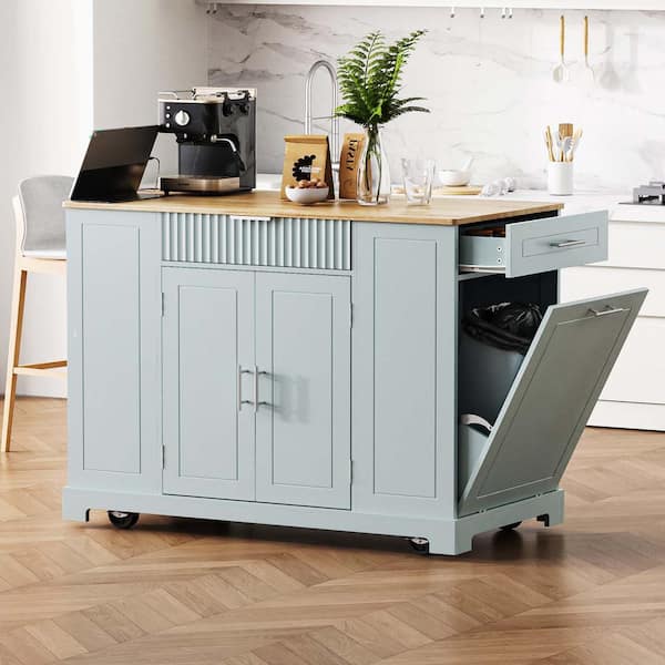 Lycvki Grey Blue Wood 48.5 in. Kitchen Island on Wheels with Drawer, 3 Open Side Racks for 10 Gallon Garbage Bin