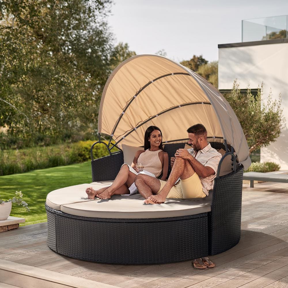 Beige Cushioned Black Steel Outdoor Round Daybed with Retractable Canopy
