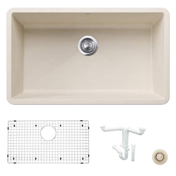 Blanco Precis 32 in. Undermount Single Bowl Soft White Granite Composite Kitchen Sink Kit with Accessories