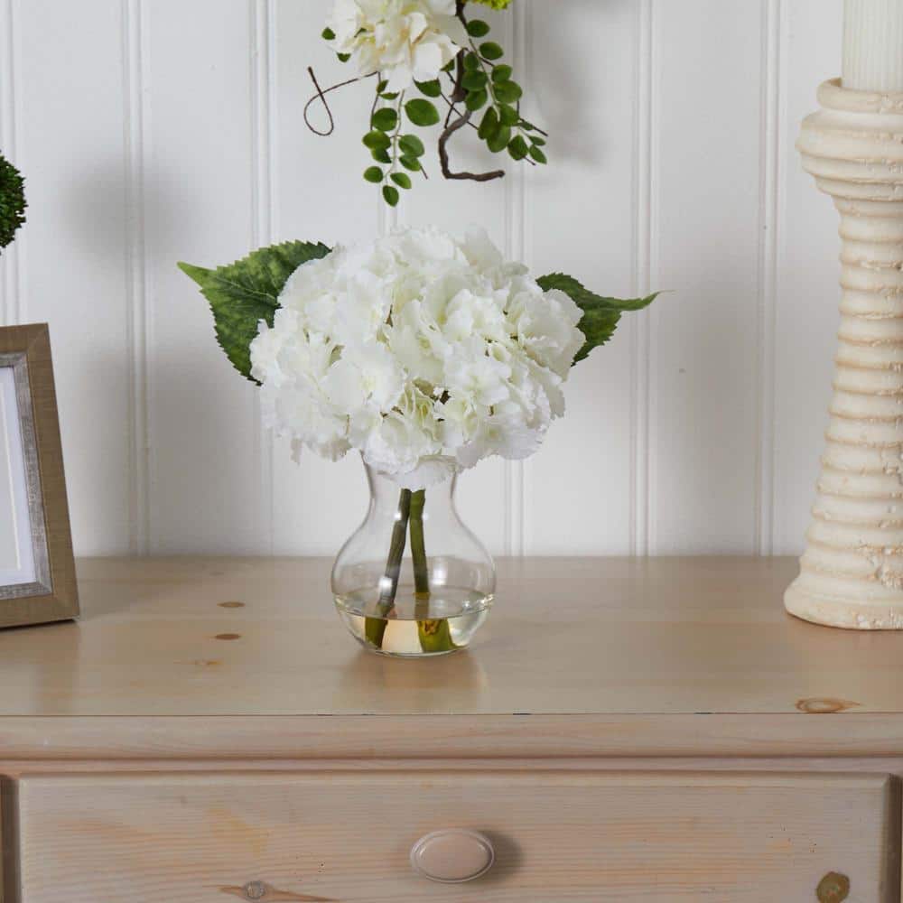 CloudSoft Hydrangea Outdoor Tabletop Arrangement with Glass Vase