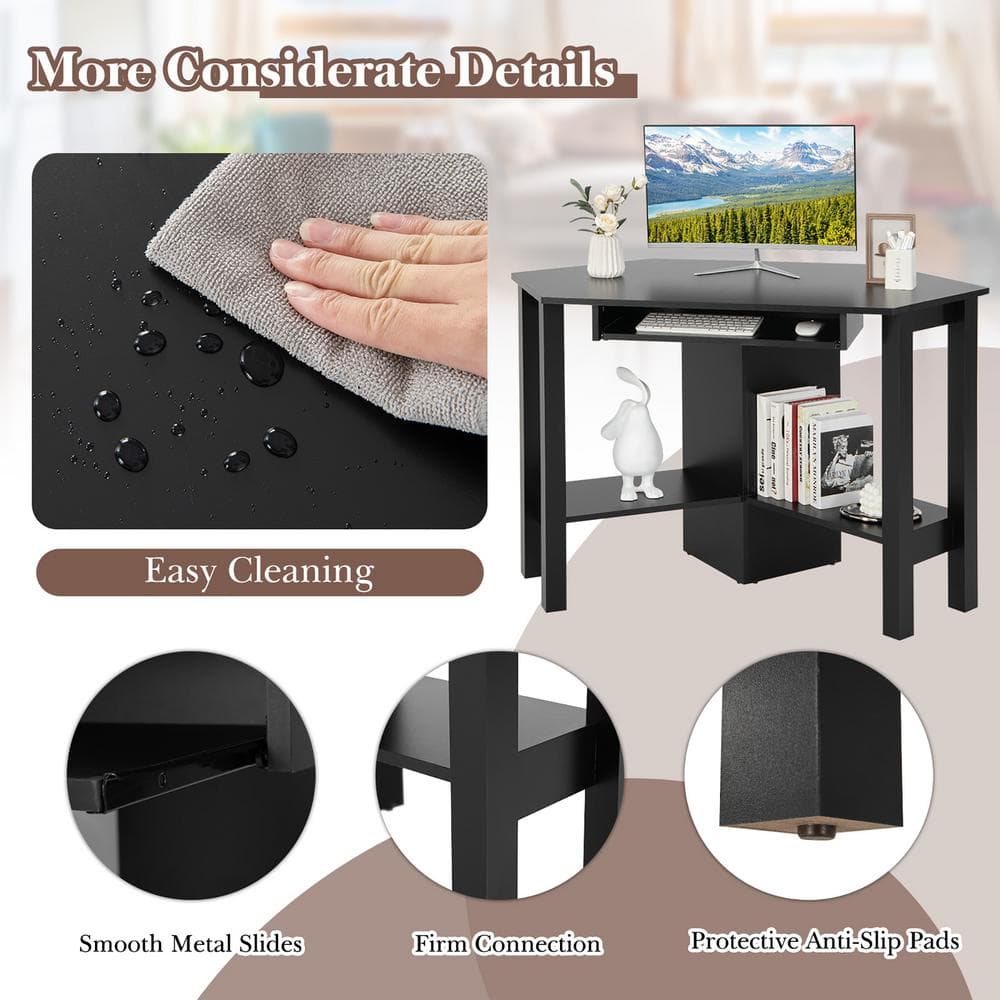 Black Wooden Corner Desk with Drawer and Keyboard Tray