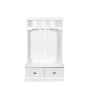 White Entryway Hall Tree With Drawer, Shelves and Hooks Living Room Coat Rack Bench Clothes Hanger Bedroom Open Wardrobe