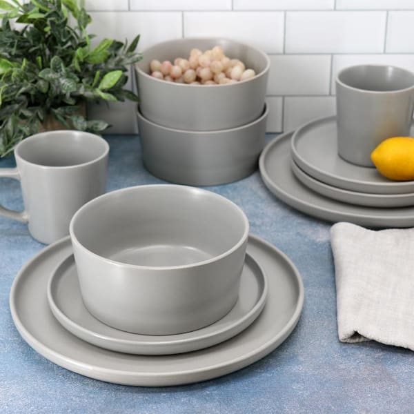 Elama Luxe Matte 16-Piece Light Gray Matte Stoneware Dinnerware