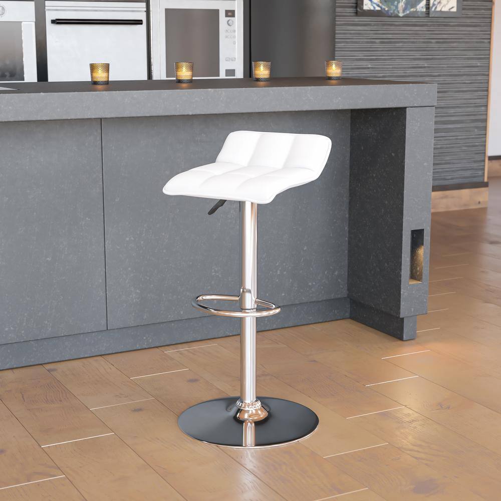 White Vinyl Adjustable Swivel Backless Barstool with Chrome Base