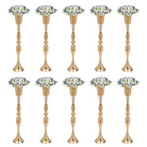 10-Piece 29.1 in. Tall Wedding Centerpieces Gold Metal Tabletop Flower Trumpet Vases with Crystal Bead