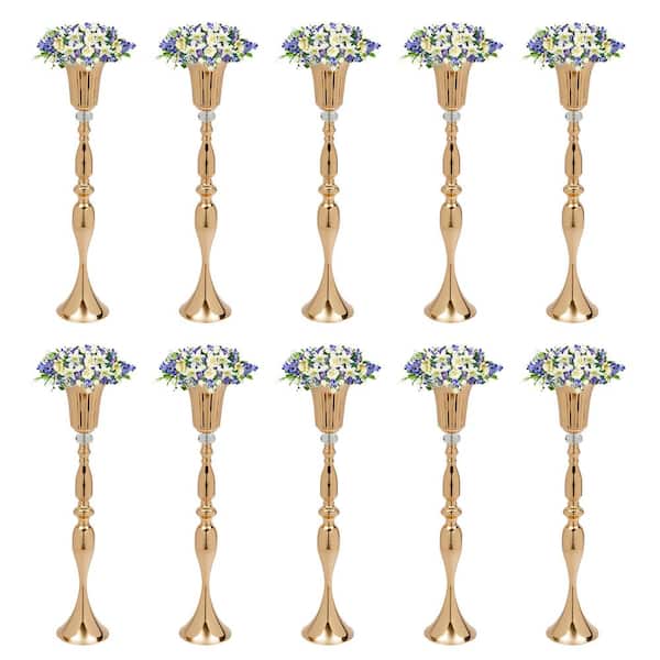 10-Piece 29.1 in. Tall Wedding Centerpieces Gold Metal Tabletop Flower Trumpet Vases with Crystal Bead