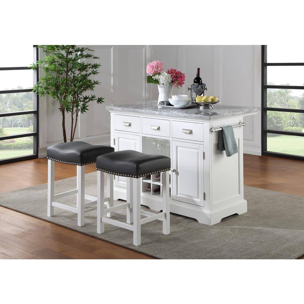 Set of 2 Black Leatherette Backless Counter Stools with White Wood Frame
