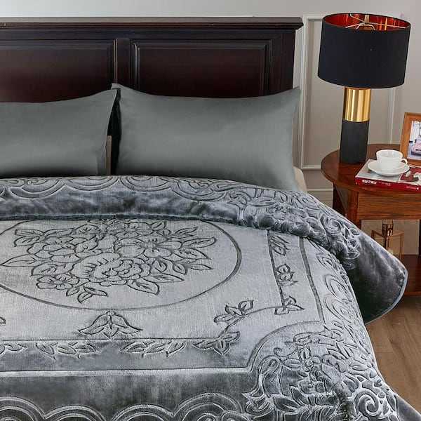 JML Grey Embossed King Mink Fleece Blanket Jasmine01-Grey - The
