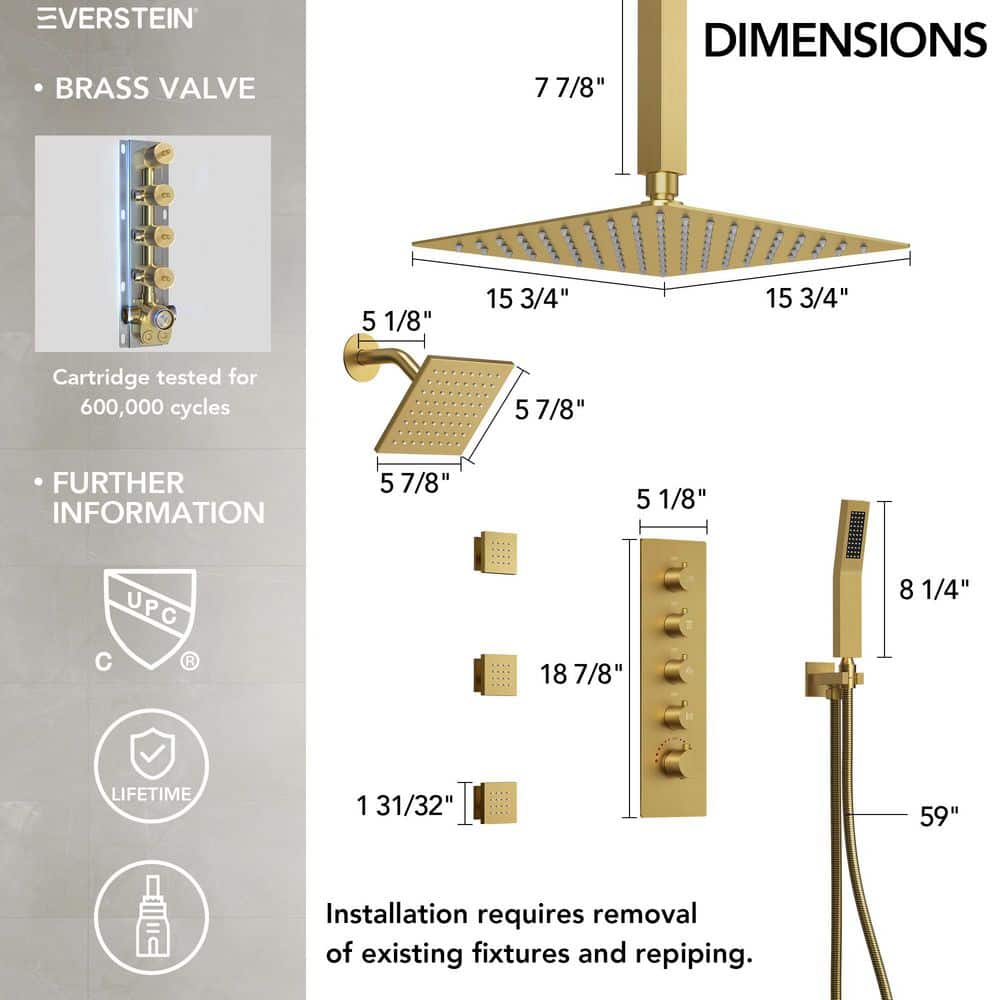 16" Brushed Gold Multi-Head Rainfall Shower System with Handheld