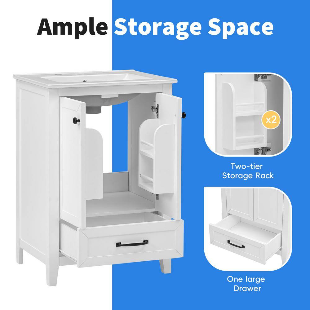 24" White Freestanding Bathroom Vanity with Ceramic Top and Drawer