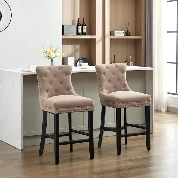 27.56 in. Khaki Fabric Upholstered Seat Solid Wood Leg Bar Tool, Breakfast Chairs with Back (Set of 2)
