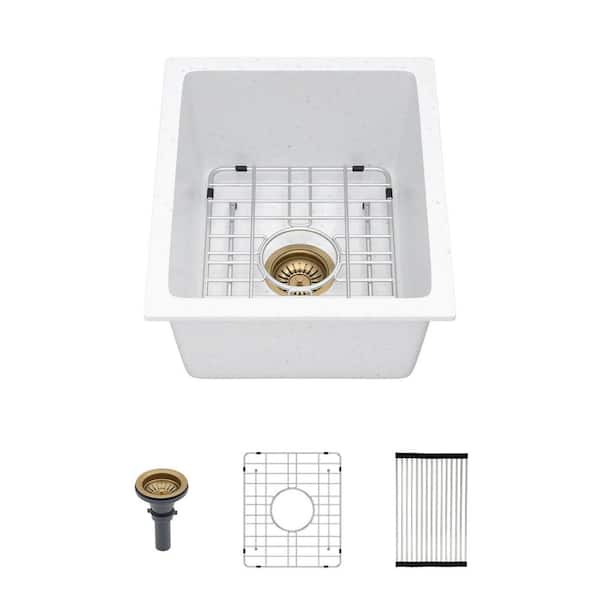 14.82 in. Undermount Singel Bowl 16 Gauge White Quartz Kitchen Sink with Bottom Grid, Baskets Strainers