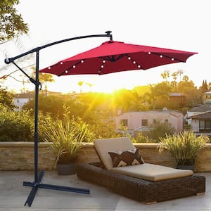 10 ft. Outdoor Cantilever Solar Powered Patio Umbrella in Red with Crank