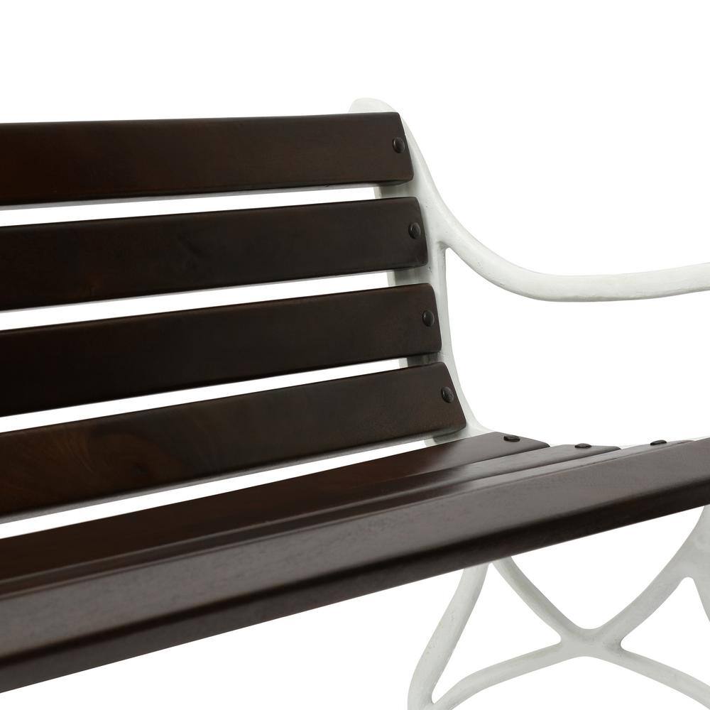 Rustic Brown Acacia & White Iron Floral Outdoor Bench