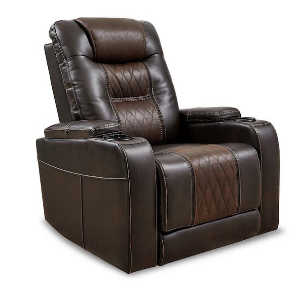 Benjara Brown Vegan Faux Leather DualPower Recliner with USB Port