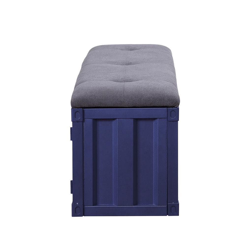 Blue Metal Storage Bench with Gray Fabric Seat