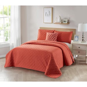 4 Piece Coral Solid Full/Queen Microfiber Quilt Set with Cushion