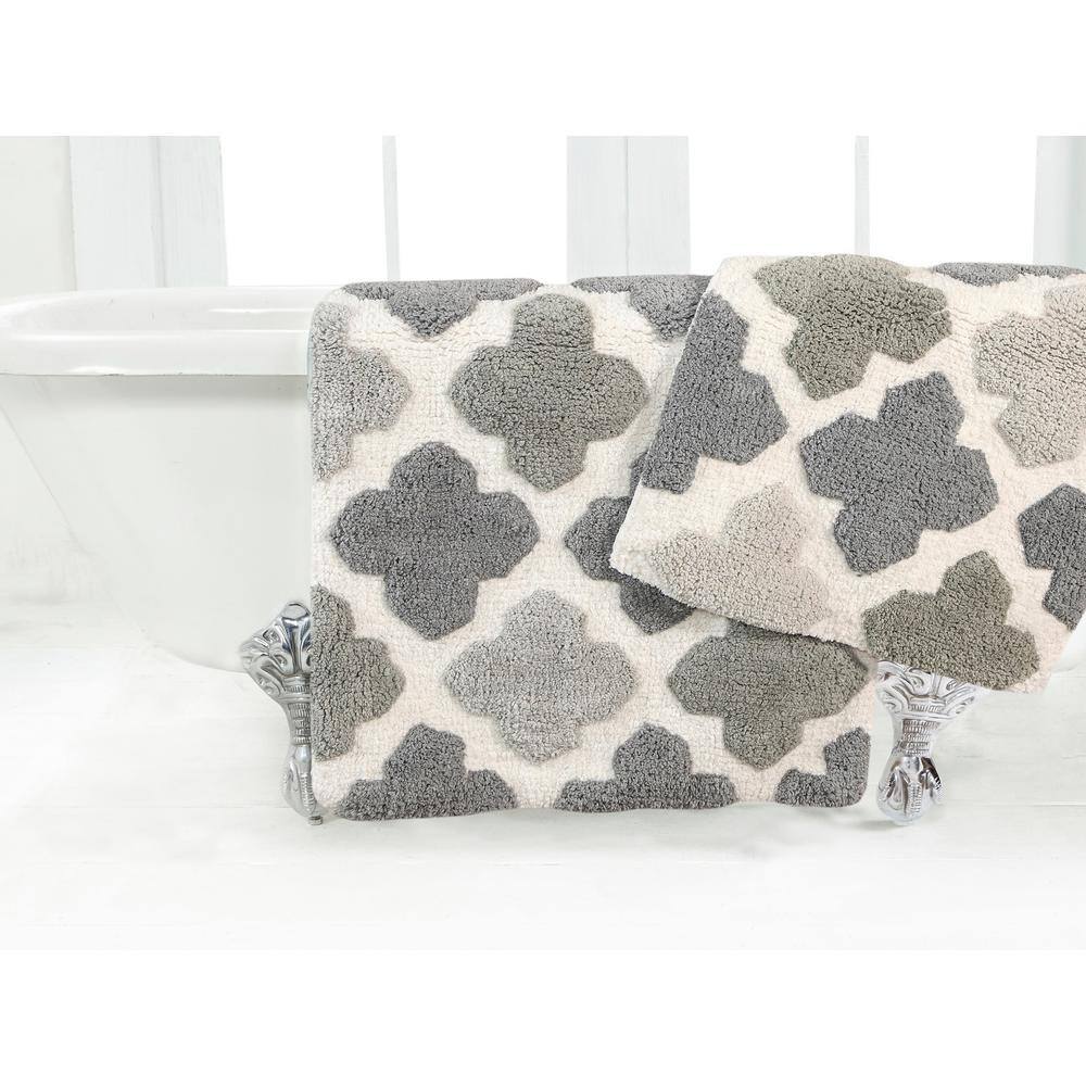 Moroccan Tiles Inspired Plush Gray Bath Rug Set - 2 Pieces