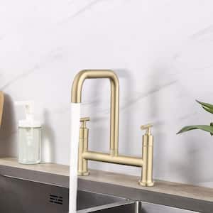 Double-Handle Bridge Kitchen Faucet in Brushed Gold