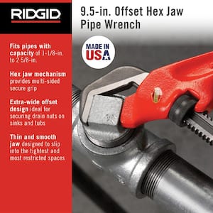 9-1/2 in. Offset Hex Jaw Pipe Wrench, Sturdy Plumbing Pipe Tool with Hex Jaw Mechanism for Extra Wide Opening