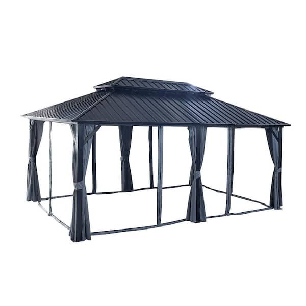 12 ft. x 18 ft. Gray Gazebo with Nettings and Curtains, Double Roof Galvanized Steel Outdoor for Patio, Backyard