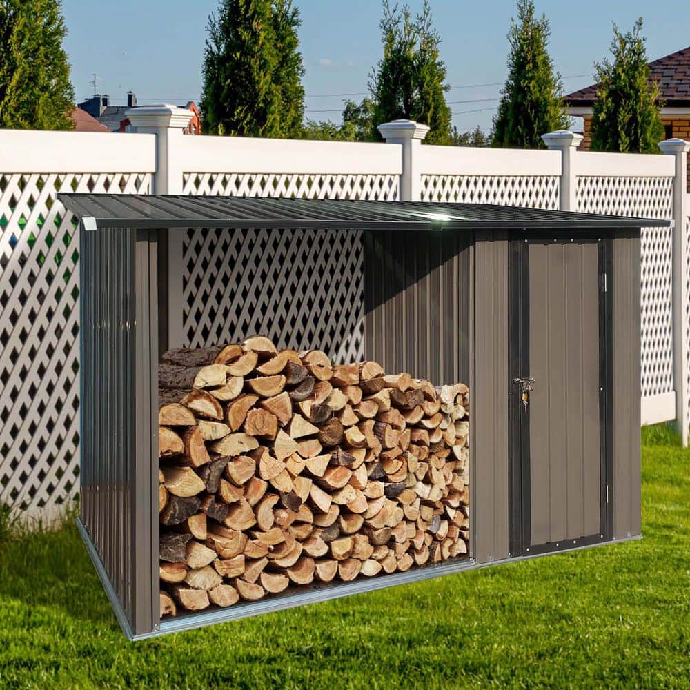 9 ft. W x 4 ft. D Outdoor Metal Shed, Backyard Firewood Rack and ...