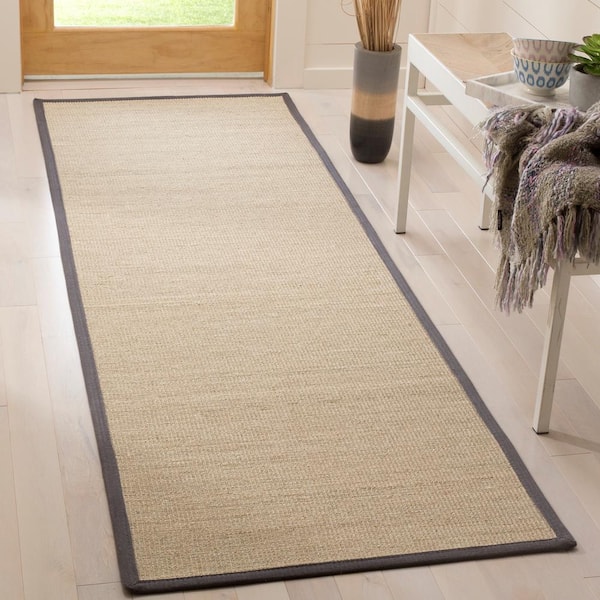Natural Fiber 3 ft. x 10 ft. Natural/Dark Gray Solid Color Border Runner Rug
