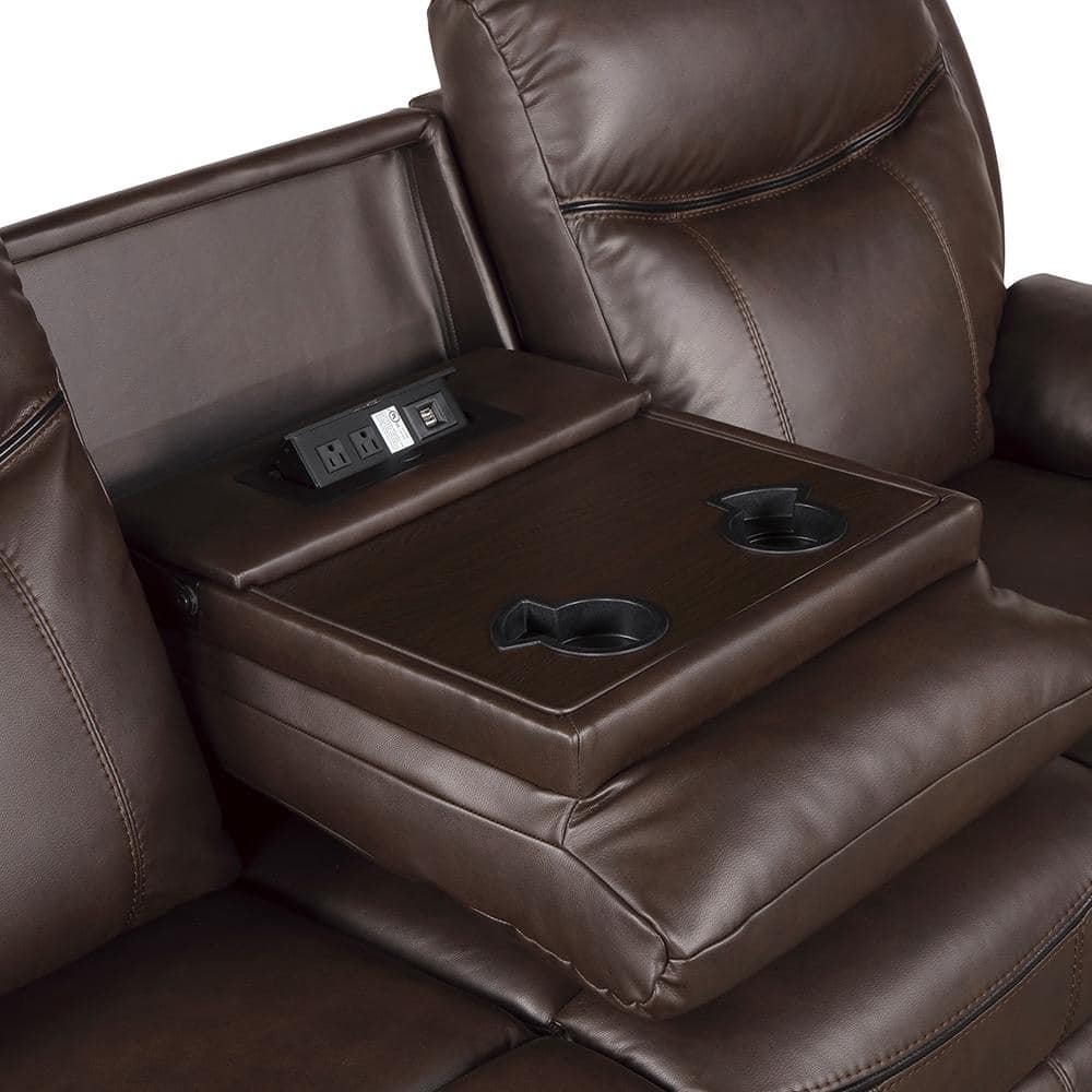 Dark Brown Faux Leather Reclining Sofa with Storage and Cup Holders